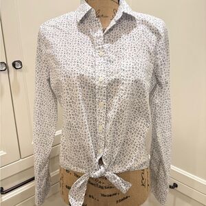 J Crew White & Blue  Button-Up Tie Waist Shirt Small
